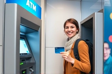 Traveler using ATM in city for better exchange rates.